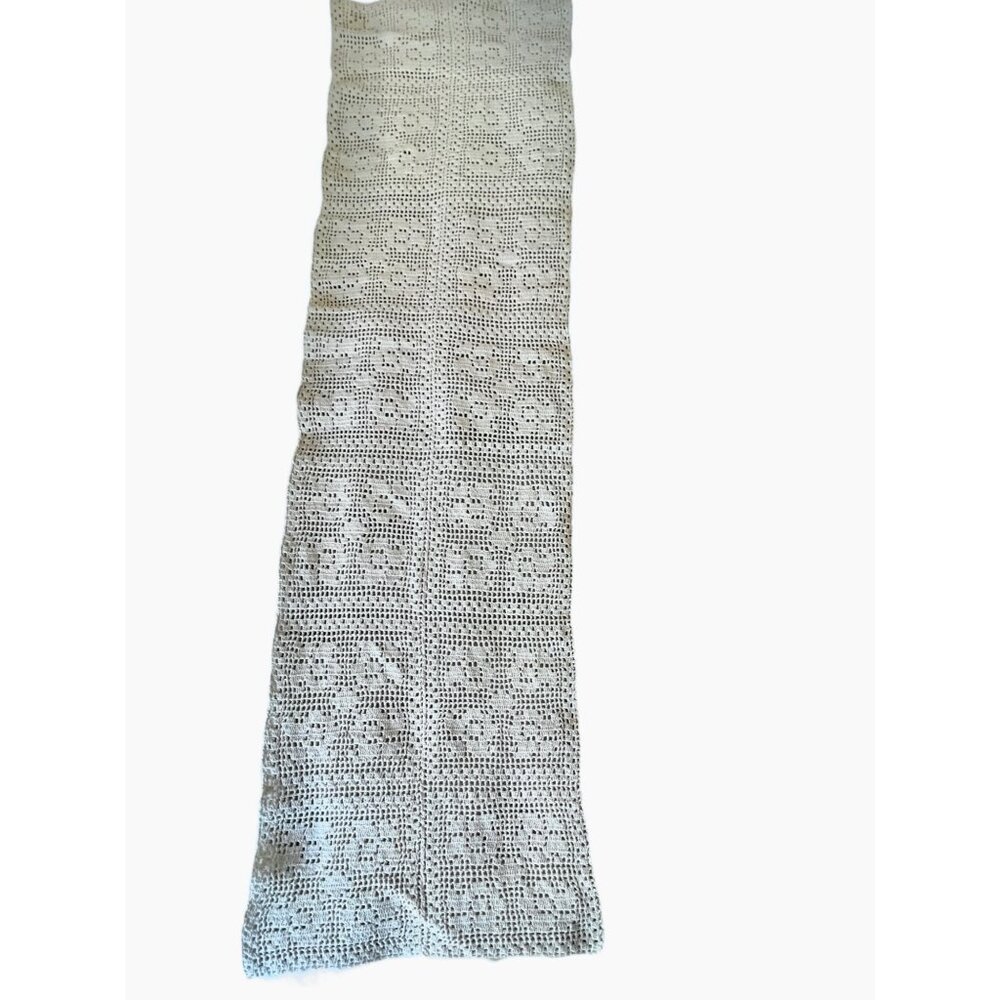 Hand-Crocheted Cream Cotton Table Runner 68" X 18" Floral Pattern Thick Thread